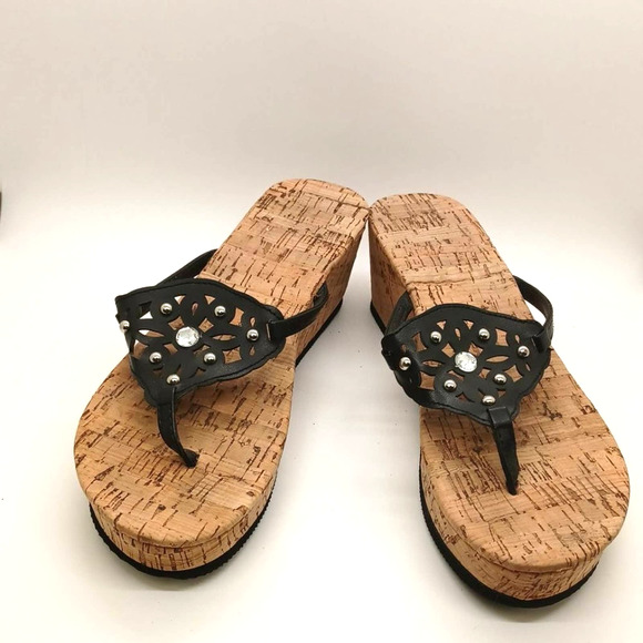 Size 7-8 Sandal Flip Flop Wedge Shoe Black with Bling Glam - Picture 10 of 10